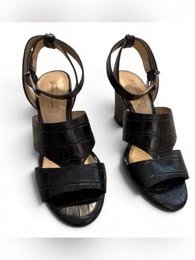 Antonio Melani Black Croc-Embossed Leather Ankle-Strap Sandals 2.5 Heel Size 6M